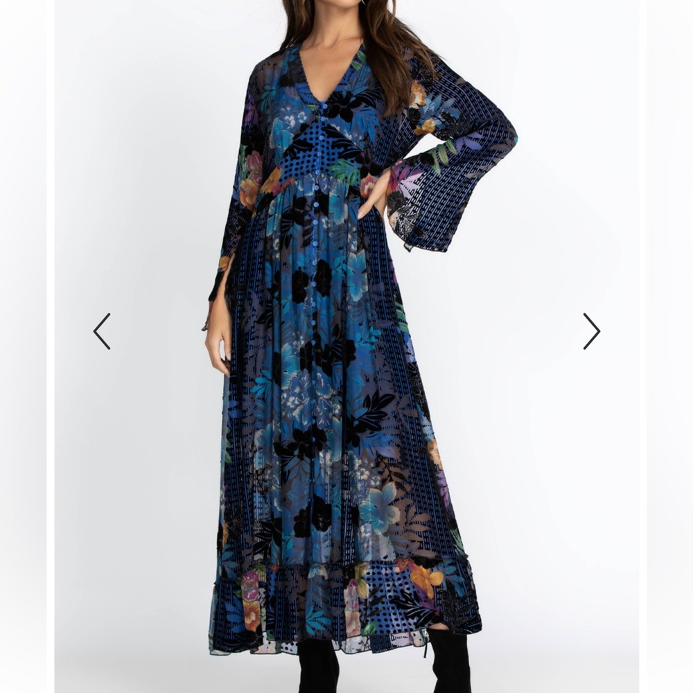 Johnny Was Blue Floral Velvet Burnout Maxi Dress